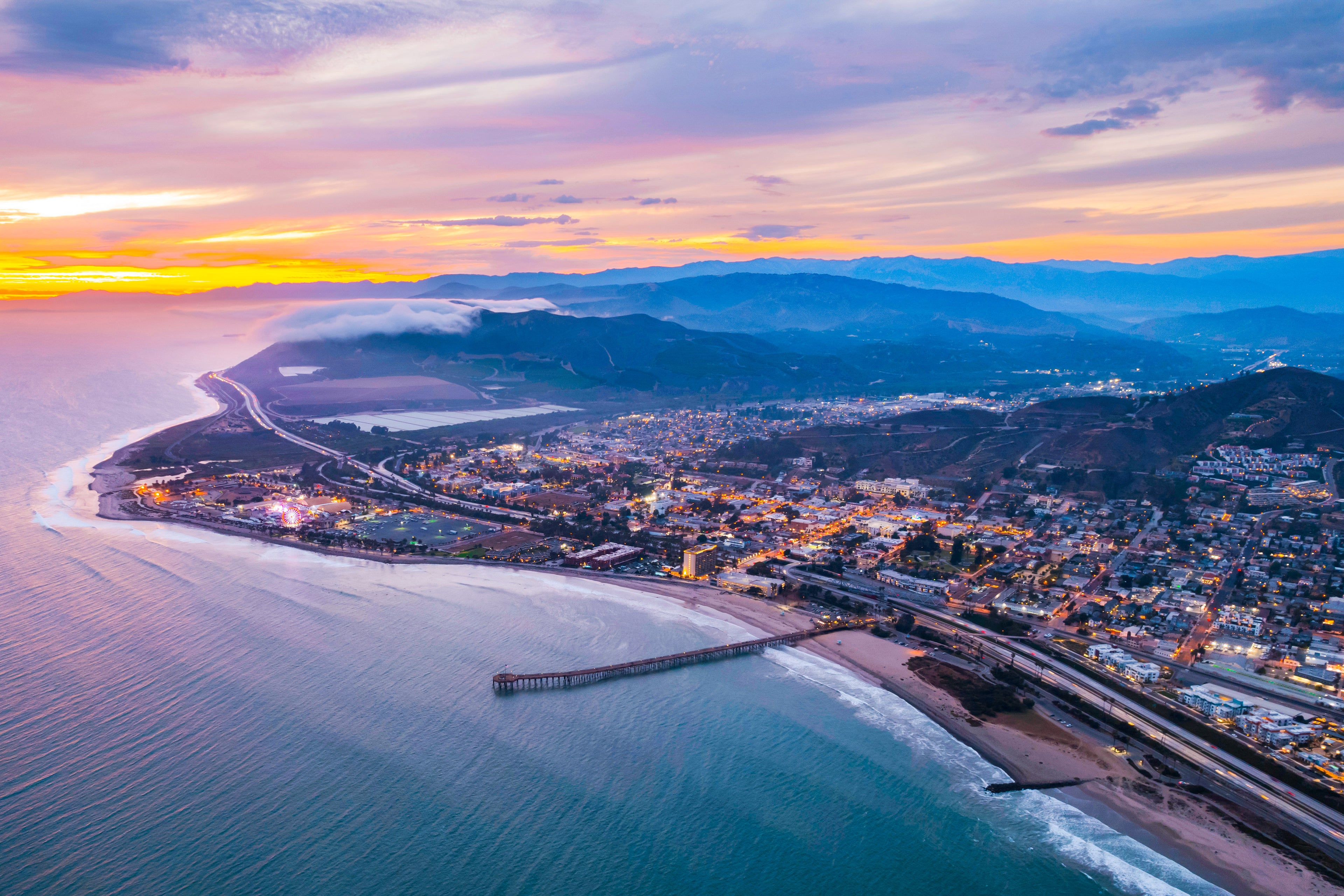 Aerial view of Ventura Marina at sunset.
